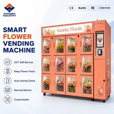 کیفیت دستگاه فروش گل تازه یخچال دار 24 ساعته با درب شیشه ای دوگانه و صفحه نمایش لمسی 15.6 اینچی کارخانه